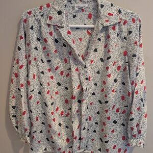 Alfred Dunner 1980s Vintage Size 16 Black Red  Iridescent Sheer Button-Up Blouse